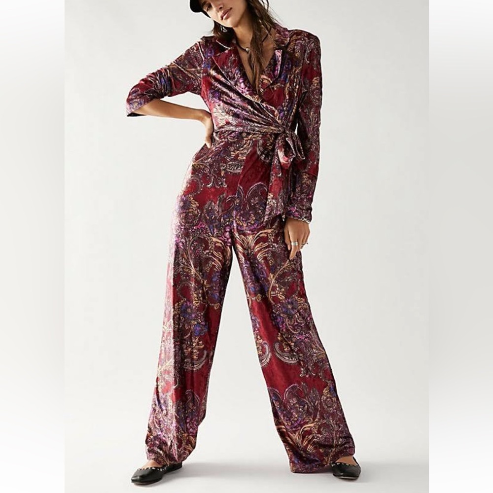 Free People wrap bodice Velvet wide leg Jumpsuit in M